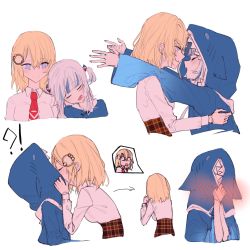 Rule 34 | !?, 2girls, animal hood, blonde hair, blood, blood from mouth, blue eyes, blue hair, blue hoodie, blush, breasts, censored kiss, closed eyes, closed mouth, collared shirt, commentary, covered face, dress shirt, english commentary, enot, face-to-face, from side, gawr gura, gawr gura (1st costume), hair between eyes, hair ornament, high-waist skirt, highres, hololive, hololive english, hood, hoodie, hug, implied kiss, kiss, leaning on person, long sleeves, medium breasts, medium hair, multicolored hair, multiple girls, multiple views, necktie, open mouth, outstretched arms, plaid, plaid skirt, profile, red neckwear, red skirt, shark hair ornament, shark hood, shirt, short twintails, silver hair, simple background, skirt, smile, spoken character, streaked hair, symbol-only commentary, tears, twintails, two-tone hair, upper body, virtual youtuber, watson amelia, watson amelia (1st costume), white background, white shirt, wing collar, yuri