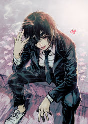 Rule 34 | 1girl, black hair, black suit, business suit, chainsaw man, cigarette, collared shirt, eyepatch, flower, formal, highres, himeno (chainsaw man), holding, holding cigarette, light smile, necktie, no socks, purple eyes, shirt, shoes, short hair, sitting, smile, smoke, sneakers, solo, suit
