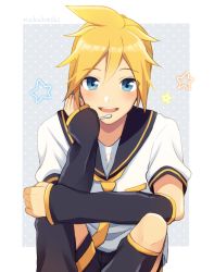 Rule 34 | 1boy, bass clef, black collar, black sleeves, blonde hair, blue eyes, blush, collar, commentary, detached sleeves, hand on own cheek, hand on own face, hand on own knee, kagamine len, knees up, leg warmers, light blush, looking at viewer, male focus, necktie, nokuhashi, sailor collar, school uniform, shirt, short shorts, short sleeves, shorts, sitting, smile, spiked hair, star (symbol), vocaloid, white shirt, yellow neckwear