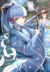 Rule 34 | 1girl, ayaka (genshin impact), blue eyes, blue hair, blue kimono, blunt bangs, commentary request, day, excella (delltothu), feathers, folding fan, genshin impact, hand fan, hands up, high ponytail, highres, holding, holding fan, holding sword, holding weapon, japanese clothes, kimono, long hair, long sleeves, looking at viewer, outdoors, parted lips, petals, ponytail, short sword, sidelocks, solo, sword, tantou, v-shaped eyebrows, water, weapon, white feathers, wide sleeves