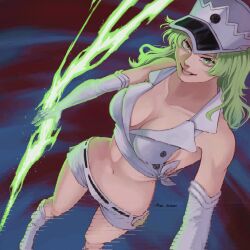 Rule 34 | 1girl, bleach, bleach: sennen kessen-hen, breasts, candice catnipp, cleavage, collarbone, electricity, energy, energy spear, energy weapon, glowing, green eyes, green hair, hat, highres, large breasts, long hair, matching hair/eyes, midriff, navel, peaked cap, polearm, revealing clothes, solo, spear, weapon