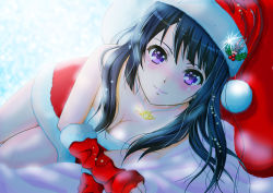 Rule 34 | 1girl, alternate costume, bare shoulders, black hair, blush, breasts, christmas, cleavage, closed mouth, commentary request, dress, fur-trimmed dress, fur-trimmed gloves, fur-trimmed headwear, fur trim, glint, gloves, h.i.t (59-18-45), hat, hat ornament, hibike! euphonium, instrument, jewelry, kousaka reina, lips, long hair, looking at viewer, medium breasts, medium hair, mistletoe, necklace, pom pom (clothes), purple eyes, reindeer, santa costume, santa dress, santa gloves, santa hat, sleeveless, sleeveless dress, smile, solo, trumpet