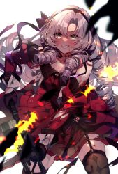 Rule 34 | 1girl, bare shoulders, black bow, black gloves, black hairband, black ribbon, blood, blood on face, bow, chest tattoo, commentary request, cowboy shot, dress, drill hair, fire, garter straps, gloves, grey hair, grey thighhighs, grin, hairband, highres, holding, holding weapon, hyakumantenbara salome, hyakumantenbara salome (1st costume), long sleeves, mamaloni, nijisanji, off-shoulder dress, off shoulder, parted bangs, red dress, red sleeves, ribbon, smile, solo, sparkling eyes, sweat, tattoo, thighhighs, virtual youtuber, weapon, white background, yellow eyes