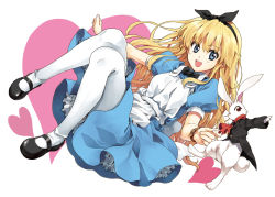 Rule 34 | 1girl, alice (alice in wonderland), alice in wonderland, apron, black footwear, blonde hair, blue eyes, bow, bowtie, dress, hairband, knees together feet apart, luna (reclaimed land), mary janes, open mouth, pantyhose, shoes, smile, white pantyhose, white rabbit (alice in wonderland)