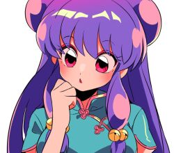 1girl bell blue_shirt chinese_clothes double_bun hair_bell hair_bun hair_ornament long_hair parted_lips purple_hair ranma_1/2 red_eyes sanamaru_(sana79261827) shampoo_(ranma_1/2) shirt sidelocks simple_background white_background