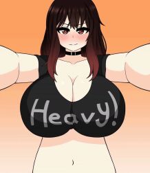 Rule 34 | 1girl, animated, animated gif, bouncing breasts, breasts, choker, cleavage, clothes writing, english text, gradient background, heavy (the only shoe), huge breasts, looking at viewer, original, simple background, solo, standing, the only shoe