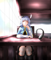 Rule 34 | 1girl, animal ears, arm rest, black socks, capelet, ceiling, chair, highres, kneehighs, legs together, light smile, long sleeves, looking at viewer, mouse ears, mouse tail, nazrin, pov across table, red eyes, short hair, silver hair, socks, solo, sunlight, table, tail, thcapenxer1234, touhou, window