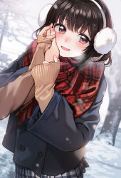 Rule 34 | 1girl, 1other, bare tree, blurry, blurry background, blush, breath, brown eyes, brown hair, cold, duplicate, earmuffs, fingernails, hand on another&#039;s cheek, hand on another&#039;s face, holding another&#039;s wrist, long hair, nail polish, nishizawa, open mouth, original, outdoors, pink nails, pixel-perfect duplicate, plaid, plaid scarf, pov, pov hands, power lines, red scarf, scarf, sleeves past wrists, snow, snowing, tree, utility pole, winter clothes