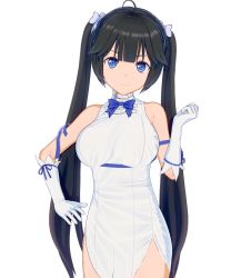 Rule 34 | 1girl, 3d, black hair, blue eyes, blue ribbon, breasts, closed mouth, commentary request, dress, dungeon ni deai wo motomeru no wa machigatteiru darou ka, gloves, hair ornament, hestia (danmachi), large breasts, long hair, looking at viewer, rei no himo, ribbon, simple background, solo, twintails, white background, white dress, white gloves