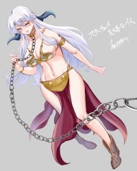 Rule 34 | 1girl, absurdres, adapted costume, alternate costume, armlet, bdsm, blurry, blush, breasts, chain, cleavage, collar, collarbone, commission, cosplay, dancer, depth of field, dutch angle, fire emblem, fire emblem: radiant dawn, grey background, groin, hair ribbon, harem outfit, highres, large breasts, leash, long hair, marth-chan (micaiah mrmm), metal bikini, micaiah (fire emblem), midriff, navel, nintendo, pelvic curtain, pixiv commission, princess leia organa solo, princess leia organa solo (cosplay), restrained, revealing clothes, ribbon, signature, silver hair, simple background, slave, solo, star wars, star wars: return of the jedi, translation request, undersized clothes, yellow eyes