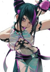 Rule 34 | 1girl, absurdres, aqua nails, black hair, breasts, candy, cleavage, collar, fingerless gloves, food, gloves, hair horns, han juri, highres, leaning forward, lollipop, looking at viewer, medium breasts, middle finger, midriff, multicolored hair, nail polish, purple eyes, purple hair, simple background, solo, spiked collar, spikes, stomach, streaked hair, street fighter, street fighter 6, vest, white background, ymy kui