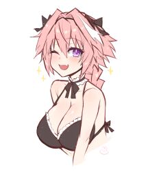 Rule 34 | 1girl, artist logo, astolfo (fate), black bow, black bra, bow, bra, braid, breasts, emu (confisery), fang, fate/apocrypha, fate/grand order, fate (series), frilled bra, frills, genderswap, genderswap (mtf), hair between eyes, hair bow, hair intakes, highres, large breasts, long hair, multicolored hair, open mouth, pink hair, portrait, purple eyes, simple background, single braid, skin fang, smile, solo, sparkle, streaked hair, two-tone hair, type-moon, underwear, white background, white hair