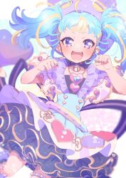 Rule 34 | 1girl, :d, absurdres, ahoge, animal hat, bell, blonde hair, blue hair, blush, cat hat, choker, commentary request, dress, frilled skirt, frills, hat, heart, highres, jingle bell, long hair, looking at viewer, multicolored hair, myamu, neck bell, open mouth, paru rari, paw pose, pretty series, purple eyes, skirt, smile, solo, streaked hair, teeth, twintails, upper teeth only, waccha primagi!