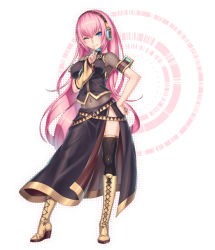 Rule 34 | 1girl, aqua eyes, belt, black thighhighs, blue eyes, blush, boots, breasts, contrapposto, covered navel, cross-laced footwear, detached sleeves, finger to mouth, hand on own hip, headphones, high heel boots, high heels, knee boots, lace-up boots, long hair, megurine luka, navel, nidy, one eye closed, pink hair, solo, standing, thigh boots, thighhighs, very long hair, vocaloid, wedge heels