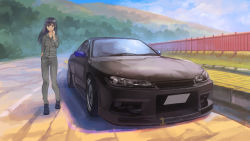 Rule 34 | 1girl, black footwear, black hair, car, commentary request, fence, green pants, green shirt, highres, license plate, long hair, long sleeves, momo hiki, motor vehicle, mountain, nissan, nissan s15 silvia, nissan silvia, nissan silvia s15, original, outdoors, pants, personification, shirt, shoes, sneakers, solo, sports car, vehicle focus, vehicle request