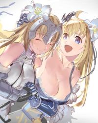 Rule 34 | 10s, 2girls, :d, bad id, bad twitter id, bare shoulders, blonde hair, blue eyes, breasts, cleavage, closed eyes, closed mouth, collarbone, crossover, emmmerald, fate/apocrypha, fate (series), female focus, flower, gauntlets, granblue fantasy, hair flower, hair ornament, headwear request, jeanne d&#039;arc (fate), jeanne d&#039;arc (granblue fantasy), jeanne d&#039;arc (ruler) (fate), large breasts, looking at another, lowres, medium breasts, multiple girls, name connection, open mouth, shingeki no bahamut, sleeveless, smile, type-moon, yuri