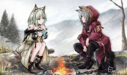 Rule 34 | 2girls, :d, animal ear fluff, animal ears, arknights, bag, bare shoulders, bare tree, black choker, black footwear, black pants, boots, campfire, choker, cloud, cloudy sky, commentary request, criss-cross halter, cross-laced footwear, cup, fire, from side, fur-trimmed jacket, fur trim, grass, green eyes, grey hair, grey jacket, halterneck, high heel boots, high heels, highres, hood, hooded jacket, jacket, jewelry, kal&#039;tsit (arknights), lace-up boots, lantern, long sleeves, looking at another, material growth, multiple girls, off-shoulder jacket, off shoulder, open mouth, oripathy lesion (arknights), outdoors, pants, profile, projekt red (arknights), red jacket, rhodes island logo (arknights), ring, short hair, sitting, sky, smile, steam, tail, tree, watch, wolf ears, wolf tail, wristwatch, yellow eyes, yokaze (yokajie)