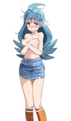 Rule 34 | 1girl, antenna hair, aqua hair, bare arms, bare shoulders, blue eyes, blue hat, blue skirt, blush, collarbone, covering breasts, covering privates, creatures (company), crossed arms, embarrassed, game freak, hand on breasts, hat, kahili (pokemon), kneehighs, long hair, looking at viewer, messy hair, mole, mole under eye, navel, nintendo, no shirt, orange socks, pokemon, pokemon sm, simple background, skirt, socks, solo, sweat, topless, torn clothes, torn hat, torn legwear, torn skirt, torn socks, tsukishiro saika, visor cap, wet, wet clothes, wet hair, wet skirt, white background