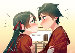 Rule 34 | 2girls, blew andwhite, brown sailor collar, brown serafuku, commentary request, food, food in mouth, game console, green eyes, green hair, highres, holding, holding food, kantai collection, long hair, long sleeves, mikuma (kancolle), mogami (kancolle), mouth hold, multiple girls, playstation 3, pocky, pocky day, pocky kiss, sailor collar, school uniform, serafuku, shared food, short hair, twintails, yuri