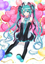 Rule 34 | 1girl, :3, balloon, blue eyes, blue hair, blush, boots, collared shirt, confetti, detached sleeves, hair ribbon, hatsune miku, headset, heart balloon, highres, long hair, long sleeves, nail polish, necktie, outstretched legs, pleated skirt, ribbon, rooibos, shirt, sitting, skirt, sleeveless, sleeveless shirt, solo, string of flags, thigh boots, twintails, very long hair, vocaloid