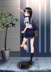 Rule 34 | 1girl, barefoot, black hair, blouse, blue socks, bracelet, dated, feet, full body, green eyes, highres, jewelry, loafers, long hair, plant, puddle, rain, school uniform, see-through, shirt, shoes, unworn shoes, single shoe, single sock, socks, unworn socks, soles, solo, toes, wet, wet hair, white shirt