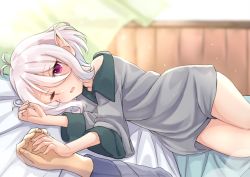 Rule 34 | 1girl, antenna hair, bad id, bad pixiv id, bed sheet, blurry, blurry background, blush, collared shirt, commentary request, depth of field, fingernails, grey shirt, hair between eyes, kokkoro (princess connect!), long sleeves, lying, on side, one eye closed, oversized clothes, oversized shirt, parted lips, pointy ears, princess connect!, purple eyes, shirt, silver hair, solo focus, tsukiman, wide sleeves