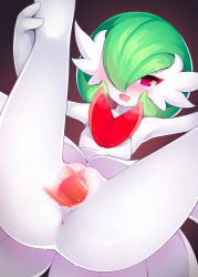 Rule 34 | 1boy, 1girl, :d, anus, ass, blush, clitoris, colored skin, creatures (company), disembodied penis, dress, drooling, game freak, gardevoir, gen 3 pokemon, green hair, hair over one eye, happy sex, heavy breathing, hetero, highres, legs up, mega gardevoir, mega pokemon, mouth drool, nintendo, open mouth, penis, pokemon, pokemon (creature), pokephilia, purple eyes, pussy, pussy juice, ricegnat, sex, short hair, smile, solo focus, spread legs, sweat, thighs, uncensored, vaginal, wavy mouth, white dress, white skin