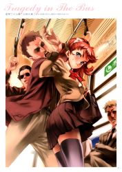 Rule 34 | 1girl, 3boys, from below, frown, hand grip, highres, holding another&#039;s wrist, multiple boys, nishieda, red hair, school uniform, sitting, skirt, thighhighs, train, train interior, you gonna get raped