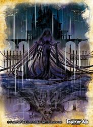 Rule 34 | 1girl, black hair, castle, copyright name, crying, force of will, long hair, official art, rain, reflection, solo, water