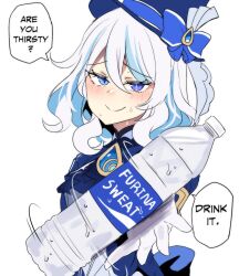 Rule 34 | 1girl, blue eyes, blue hat, bottle, commentary, furina (genshin impact), genshin impact, gloves, hat, highres, hinghoi, holding, holding bottle, looking at viewer, short hair, smile, solo, speech bubble, top hat, water bottle, white gloves, white hair