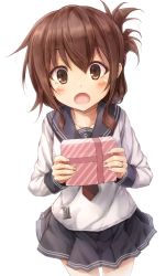 Rule 34 | 10s, 1girl, birthday, box, brown eyes, brown hair, folded ponytail, gift, gift box, happy birthday, inazuma (kancolle), jewelry, kantai collection, long hair, open mouth, ring, school uniform, serafuku, solo, suien, wedding band