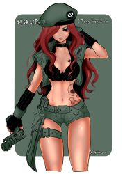 Rule 34 | 1girl, breasts, cleavage, eyeshadow, gun, hat, holding, holding gun, holding weapon, league of legends, long hair, makeup, midriff, miss fortune (league of legends), navel, otani (kota12ro08), red hair, skull and crossbones, solo, tattoo, translation request, weapon