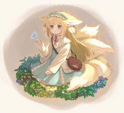 Rule 34 | 1girl, animal ear fluff, animal ears, arknights, bag, blonde hair, blue butterfly, blue hairband, blue skirt, blush, brown bag, bug, butterfly, cardigan, commentary, cross-laced clothes, cross-laced skirt, cross-laced slit, fox ears, fox girl, fox tail, frilled hairband, frills, full body, green eyes, hair ornament, hair scrunchie, hairband, handbag, high-waist skirt, highres, insect, kitsune, kyuubi, long hair, long sleeves, multicolored hair, multiple tails, neck ribbon, official alternate costume, open cardigan, open clothes, open mouth, puffy long sleeves, puffy sleeves, red ribbon, revision, ribbon, round bag, scrunchie, seiza, shirt, shoulder bag, sitting, skirt, solo, suzuran (arknights), suzuran (spring praise) (arknights), tail, two-tone hair, vita (mitac), white hair, white shirt, yellow cardigan