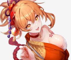 Rule 34 | 1girl, arm tattoo, asymmetrical clothes, blonde hair, blush, breasts, chest sarashi, chest tattoo, choker, commentary request, genshin impact, hair ornament, hair ribbon, hand up, highres, japanese clothes, kimono, kmes niku, looking at viewer, medium breasts, nail polish, open mouth, orange eyes, orange kimono, orange nails, ponytail, red choker, ribbon, sarashi, simple background, single bare shoulder, smile, solo, tattoo, teeth, upper teeth only, white background, yoimiya (genshin impact)