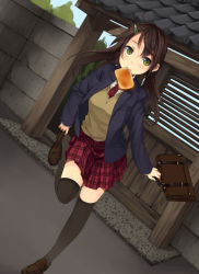 Rule 34 | 1girl, adjusting clothes, adjusting shoe, bag, black thighhighs, blazer, bread slice, briefcase, brown hair, food, food in mouth, green eyes, hair ornament, hairclip, jacket, late for school, leg up, loafers, long hair, mouth hold, original, plaid, plaid skirt, school bag, school briefcase, school uniform, shoes, skirt, solo, standing, standing on one leg, sweater, thighhighs, toast, toast in mouth, unasaka ryou, zettai ryouiki