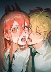 Rule 34 | 1boy, 1girl, absurdres, black necktie, blonde hair, blue background, chainsaw man, cheek-to-cheek, collared shirt, commentary, cross-shaped pupils, demon horns, denji (chainsaw man), drop shadow, fangs, gradient background, hair between eyes, heads together, highres, horns, long bangs, long hair, looking at viewer, necktie, open mouth, orange hair, portrait, power (chainsaw man), quan dao, red horns, shirt, short hair, symbol-only commentary, symbol-shaped pupils, white shirt, wide-eyed, yellow eyes