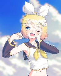 Rule 34 | 1girl, ;d, aegissanp, blonde hair, blue eyes, blue sky, bow, commentary, crop top, detached sleeves, fang, flower, hair bow, hair flower, hair ornament, hairclip, hand on own cheek, hand on own face, highres, kagamine rin, midriff, nail polish, navel, neckerchief, one eye closed, open mouth, parted bangs, sailor collar, shirt, short hair, skin fang, sky, sleeveless, sleeveless shirt, smile, solo, vocaloid