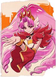 Rule 34 | 1girl, akagi towa, cure scarlet, detached sleeves, drill hair, earrings, go! princess precure, jewelry, kamikita futago, looking at viewer, magical girl, parted bangs, pink hair, precure, red eyes, solo, upper body