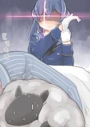 Rule 34 | 1boy, 1girl, adjusting clothes, adjusting gloves, admiral (kancolle), blue hair, commentary request, enjaku izuku, gloves, gotland (kancolle), highres, kantai collection, pajamas, shaded face, sheep, sleeping, striped, sweat, uniform, white gloves, zzz