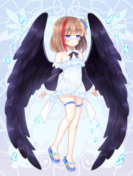 Rule 34 | 1girl, black wings, blue background, blue flower, blue footwear, blush, brown hair, closed mouth, copyright request, dress, feathered wings, flower, frilled dress, frills, full body, glasses, grey-framed eyewear, hair flower, hair ornament, highres, large wings, long sleeves, multicolored hair, off-shoulder dress, off shoulder, polka dot, polka dot dress, purple eyes, red hair, sandals, semi-rimless eyewear, shikito (yawa0w0), short dress, sleeves past wrists, smile, solo, standing, standing on one leg, streaked hair, under-rim eyewear, water drop, white dress, wide sleeves, wings