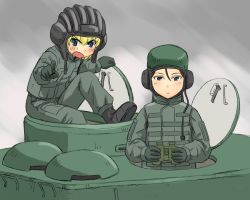 Rule 34 | 10s, 2girls, angry, binoculars, black footwear, black gloves, black hat, blush, boots, commentary request, frown, girls und panzer, gloves, green hat, green jacket, green pants, hat, helmet, holding, jacket, katyusha (girls und panzer), long hair, long sleeves, looking at viewer, military, military uniform, military vehicle, motor vehicle, multiple girls, nonna (girls und panzer), pants, pointing, pointing at viewer, russian army, short hair, t-34, t-34-85, tank, tank helmet, uniform, uona telepin, v-shaped eyebrows