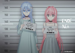 Rule 34 | bandaged head, bandages, bare arms, bare shoulders, black choker, blue eyes, blue hair, braid, character name, chihuri, choker, closed mouth, collared shirt, commentary request, dated, dress, hair between eyes, hair intakes, hand up, hands up, highres, holding, holding sign, lineup, long hair, long sleeves, looking at viewer, original, pink hair, purple eyes, shirt, sign, sleeveless, sleeveless dress, smile, twin braids, very long hair, white dress