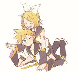 Rule 34 | 1boy, 1girl, aqua eyes, bare shoulders, black collar, black shorts, black sleeves, blonde hair, blush, bow, brother and sister, closed eyes, collar, commentary, crop top, detached sleeves, full body, grin, hair bow, hair ornament, hairclip, headphones, highres, holding hands, kagamine len, kagamine rin, leg warmers, legs up, light blush, looking at another, lying, m0ti, nail polish, neckerchief, necktie, on stomach, one eye closed, sailor collar, school uniform, shirt, shoes, short hair, short ponytail, short shorts, short sleeves, shorts, shoulder tattoo, siblings, sitting, sitting on person, sleeveless, sleeveless shirt, smile, spiked hair, swept bangs, tattoo, twins, vocaloid, white bow, white footwear, white shirt, yellow nails, yellow neckerchief