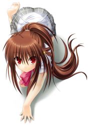 Rule 34 | 1girl, ass, blush, bow, feet, highres, little busters!, long hair, looking at viewer, na-ga, natsume rin, skirt, solo, uniform