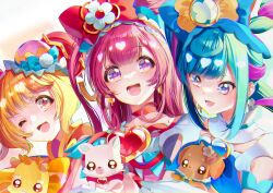 Rule 34 | 3girls, :d, ;d, absurdres, animal, blonde hair, blue bow, blue dress, blue eyes, blue hair, bow, brooch, bun cover, chinese clothes, choker, clothing cutout, commentary, cone hair bun, cure precious, cure spicy, cure yum-yum, delicious party precure, dog, double bun, dragon, dress, earrings, fox, frilled hairband, frills, fuwa kokone, gloves, hair bow, hair bun, hairband, hanamichi ran, heart, heart brooch, highres, holding, holding animal, jewelry, kome-kome (precure), long hair, looking at viewer, mem-mem (precure), multicolored hair, multiple girls, nagomi yui, one eye closed, open mouth, orange dress, pam-pam (precure) (human), pink dress, pink hair, precure, purple eyes, red bow, red choker, red eyes, short hair, shoulder cutout, side ponytail, smile, standing, triple bun, two-tone hair, two side up, white gloves, yuutarou (fukiiincho)