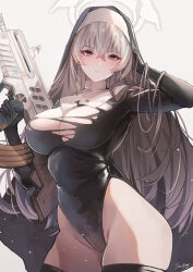 Rule 34 | 1girl, black leotard, black thighhighs, blue archive, blush, breasts, closed mouth, grey hair, halo, hand in own hair, highleg, highleg leotard, holding, justina follower (blue archive), large breasts, leotard, looking at viewer, nun, purple eyes, sakurako (blue archive), sea nami, solo, thighhighs, torn clothes, torn leotard