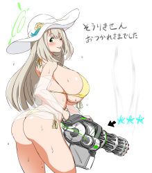 Rule 34 | 1girl, :p, ass, bikini, blue archive, blush, breasts, flower, gatling gun, green eyes, halo, hat, hat flower, huge breasts, jacket, light brown hair, long hair, looking at viewer, m134 minigun, m mance, nonomi (blue archive), nonomi (swimsuit) (blue archive), official alternate costume, one eye closed, open mouth, see-through, see-through jacket, simple background, smile, solo, sun hat, swept bangs, swimsuit, tongue, tongue out, wet, white background, yellow bikini