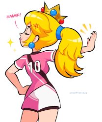 Rule 34 | 1girl, absurdres, anger vein, artist name, blonde hair, closed eyes, crown, earrings, hand on own hip, highres, jewelry, long hair, mario (series), nintendo, official alternate costume, pink shirt, pink shorts, ponytail, princess peach, shirt, short sleeves, shorts, simple background, solo, sound effects, sparkle, sphere earrings, strikers peach, super mario strikers, vinny (dingitydingus), white background