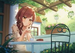 Rule 34 | 1girl, alternate costume, alternate hairstyle, arm support, bird, blush, braid, brown hair, cake, chair, collarbone, commentary, cup, dress, earrings, flower, food, hand on own cheek, hand on own face, hanging plant, heart, heart earrings, highres, house, idolmaster, idolmaster shiny colors, jewelry, kurageso, long hair, osaki amana, outdoors, plant, potted plant, reflection, shade, side braid, sitting, spoon, sunlight, swept bangs, teacup, window, yellow eyes
