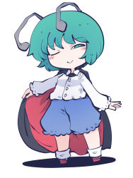 Rule 34 | 1girl, antennae, blue shorts, blush stickers, buttons, cape, chahan (fried rice0614), closed mouth, collared shirt, full body, green eyes, green hair, highres, long sleeves, one-hour drawing challenge, one eye closed, shirt, short hair, shorts, simple background, smile, solo, touhou, white background, white shirt, wriggle nightbug